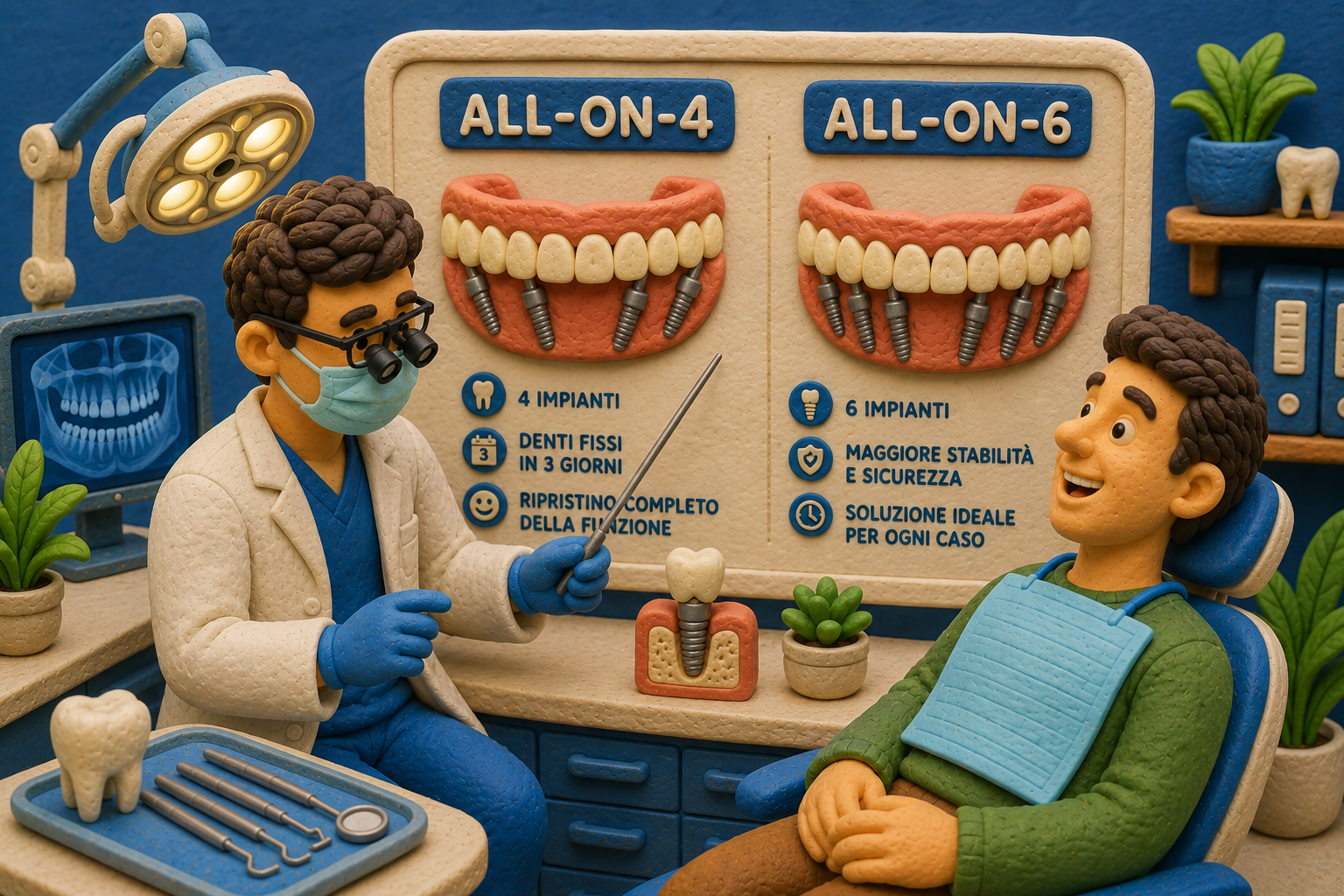 Dentista che mostra a un paziente la differenza tra un impianto All-on-4 e uno All-on-6 su un modello dimostrativo