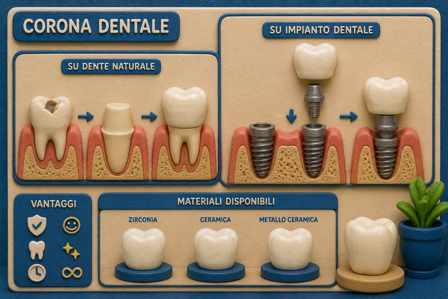 Schema di una corona dentale su dente naturale e su impianto, con i materiali disponibili: zirconia, ceramica, metallo-ceramica