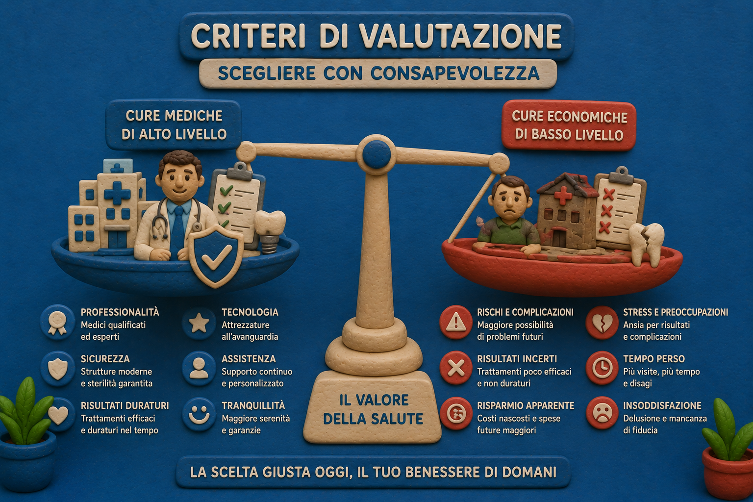 Bilancia illustrata che confronta cure mediche di alto livello con cure economiche di basso livello, con i relativi rischi e benefici