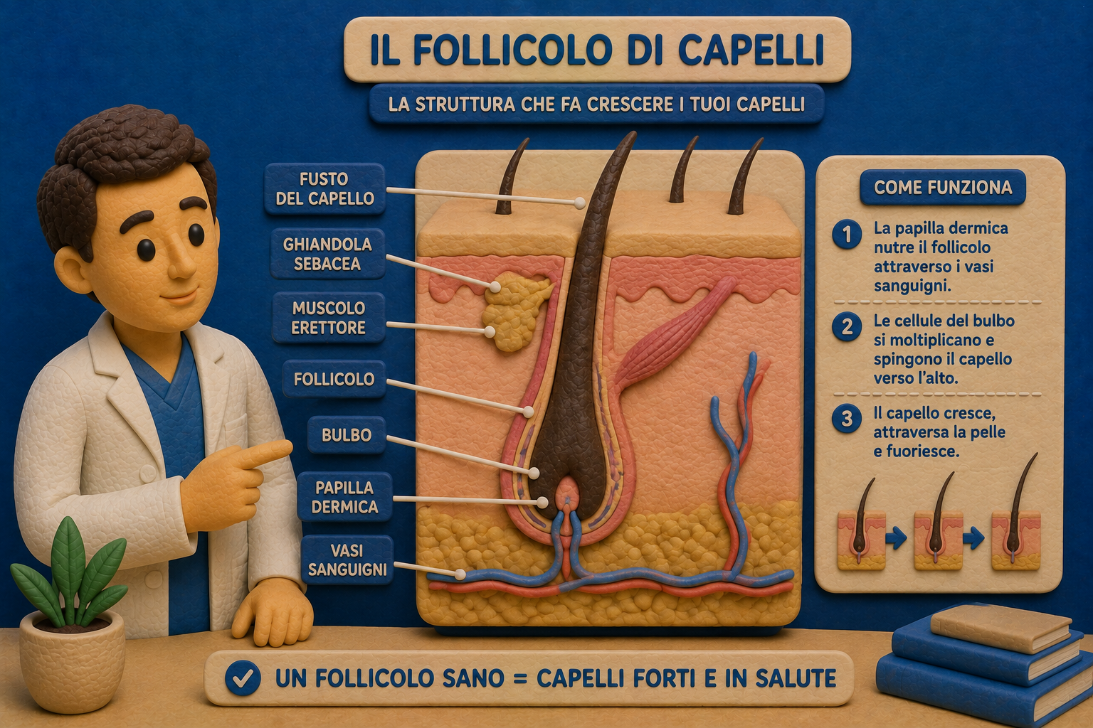 Schema anatomico del follicolo pilifero, con fusto del capello, ghiandola sebacea, bulbo, papilla dermica e vasi sanguigni