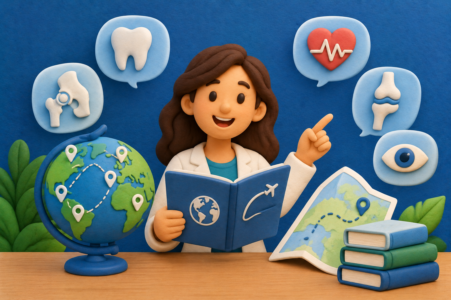 Illustrazione di una dottoressa che sfoglia una guida medica di viaggio, circondata da globo, mappa, libri e icone delle specialità