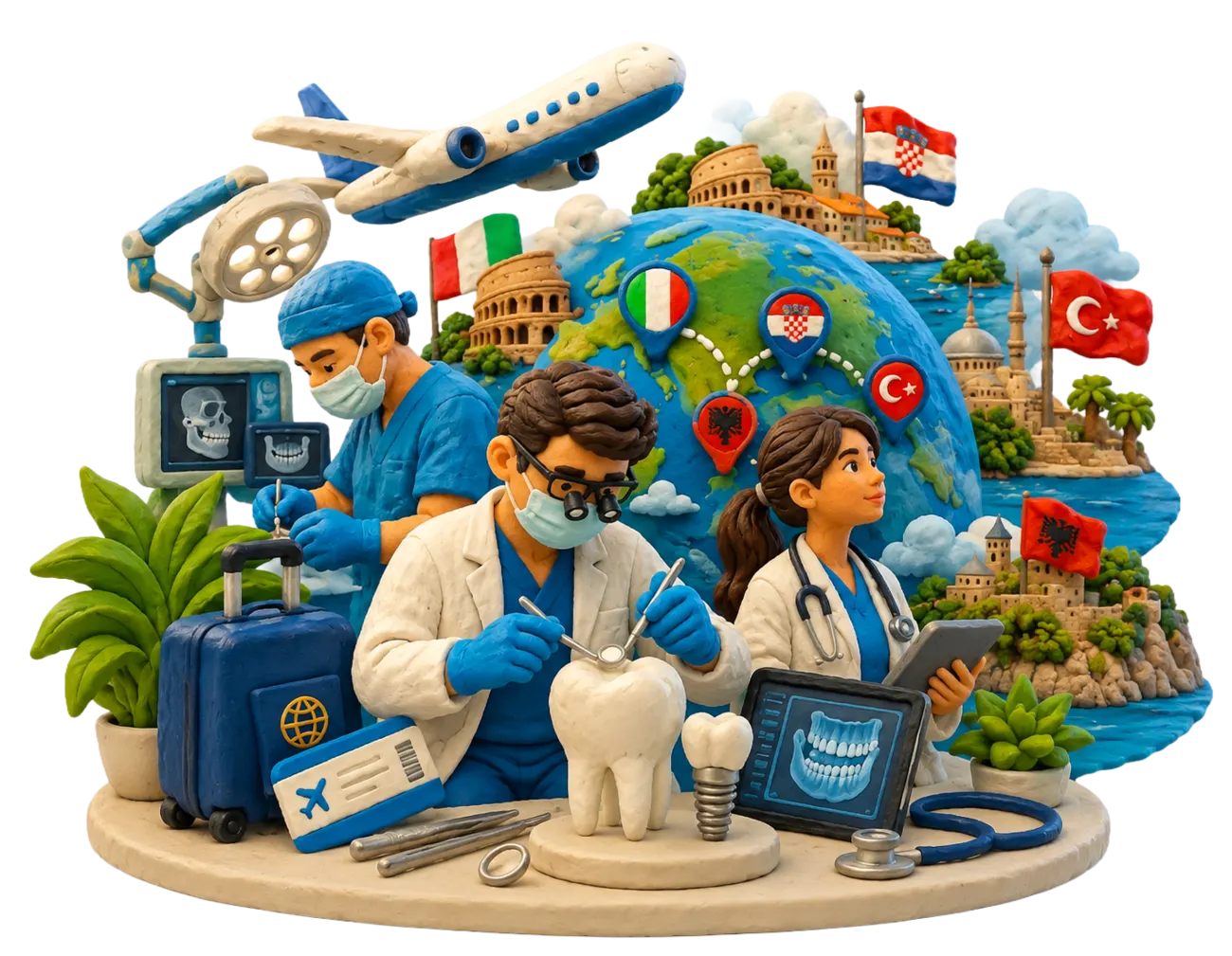 Illustrazione di uno studio dentistico con un globo e le destinazioni disponibili