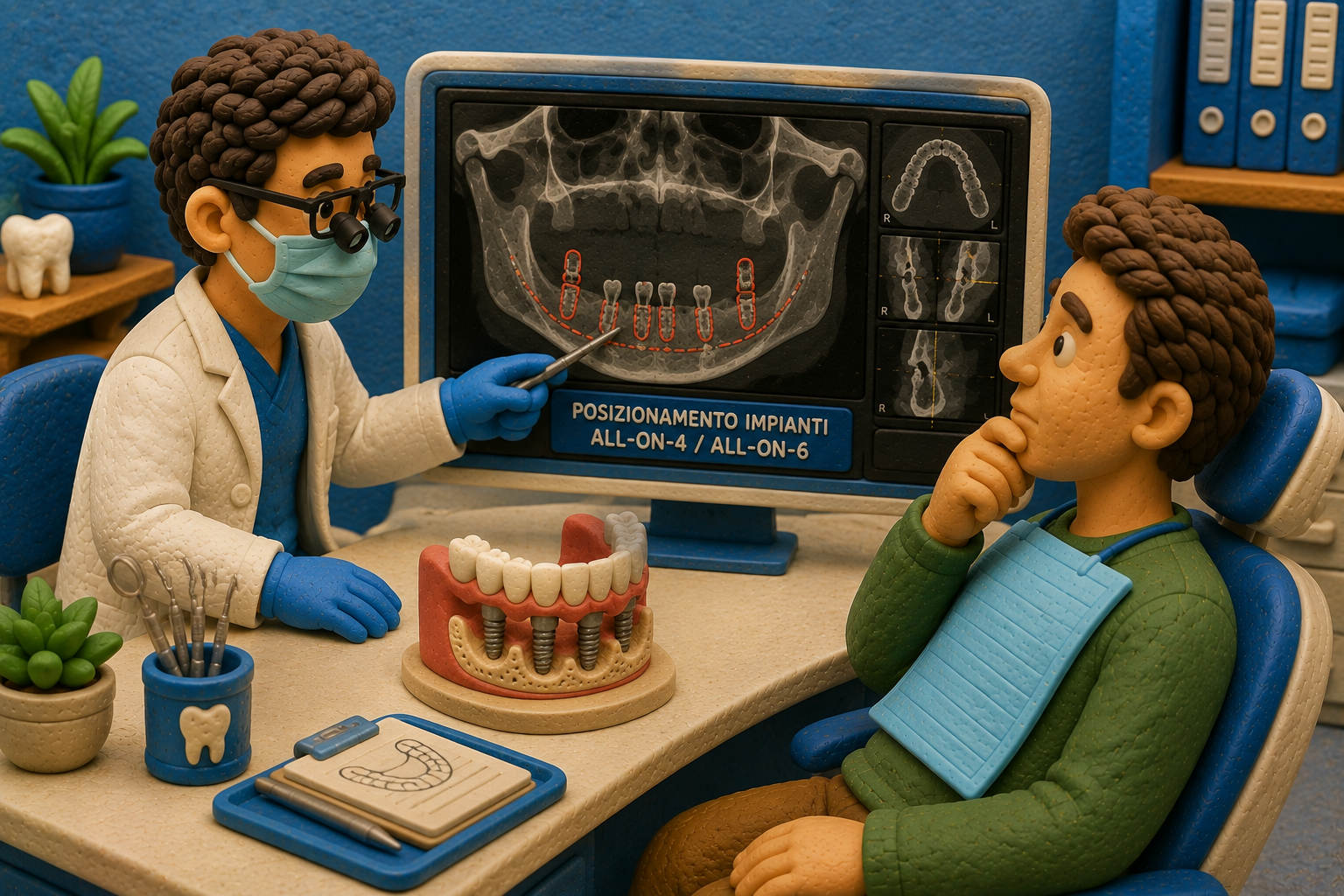 Dentista che mostra a un paziente una radiografia panoramica con il posizionamento di impianti All-on-4/All-on-6