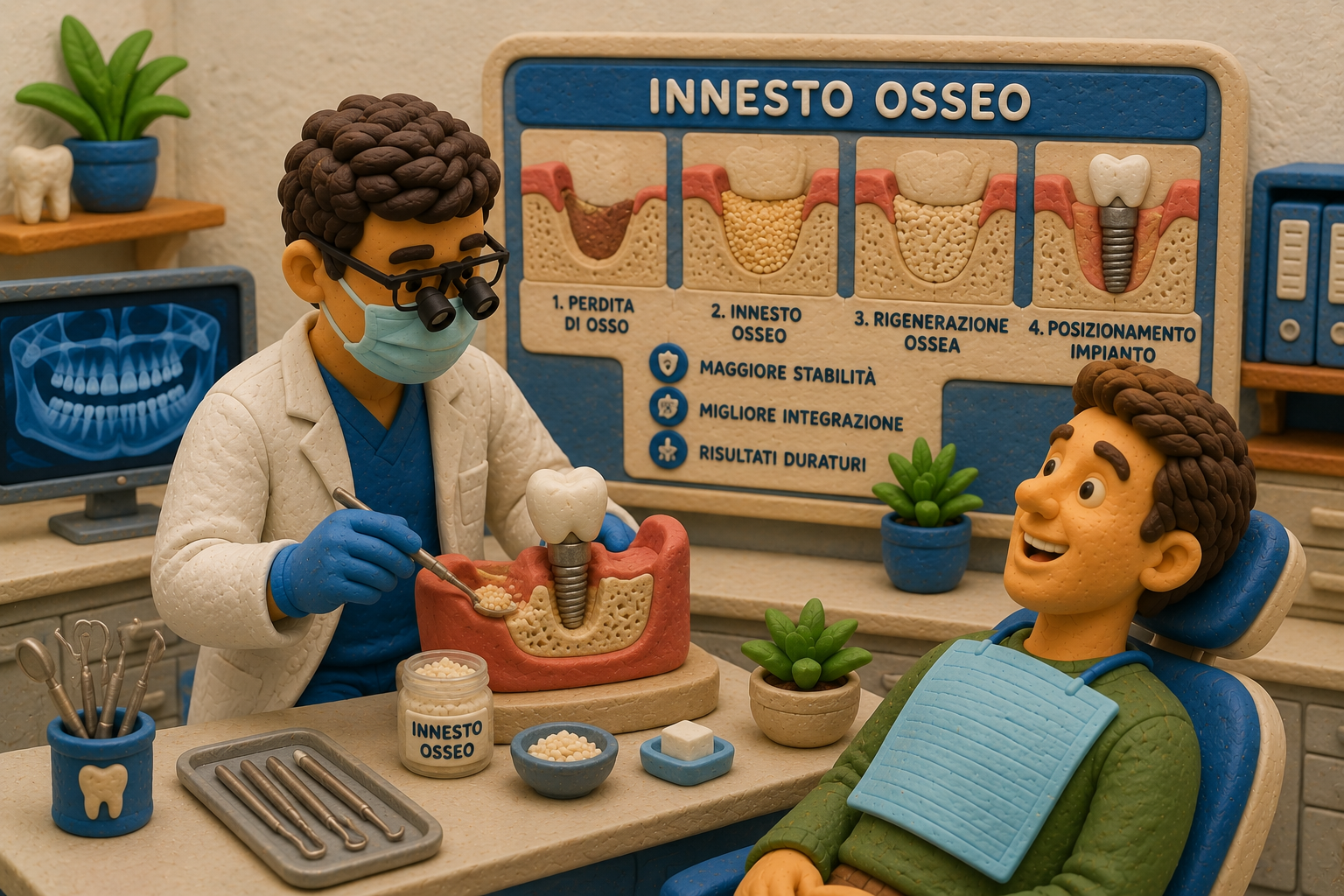Schema delle 4 fasi dell'innesto osseo: perdita di osso, innesto osseo, rigenerazione ossea, posizionamento dell'impianto