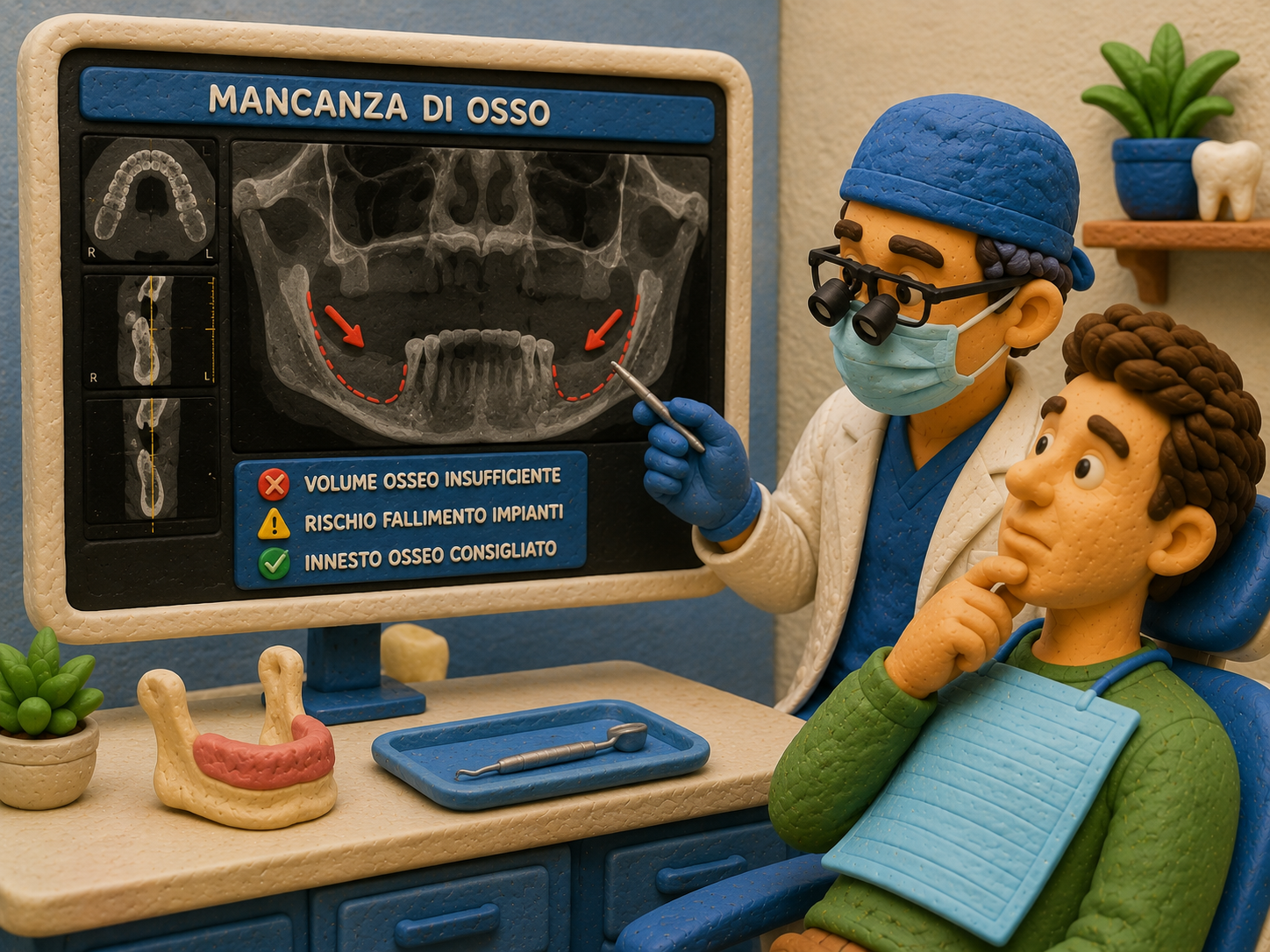 Dentista che mostra a un paziente una radiografia panoramica con le zone di riassorbimento osseo evidenziate