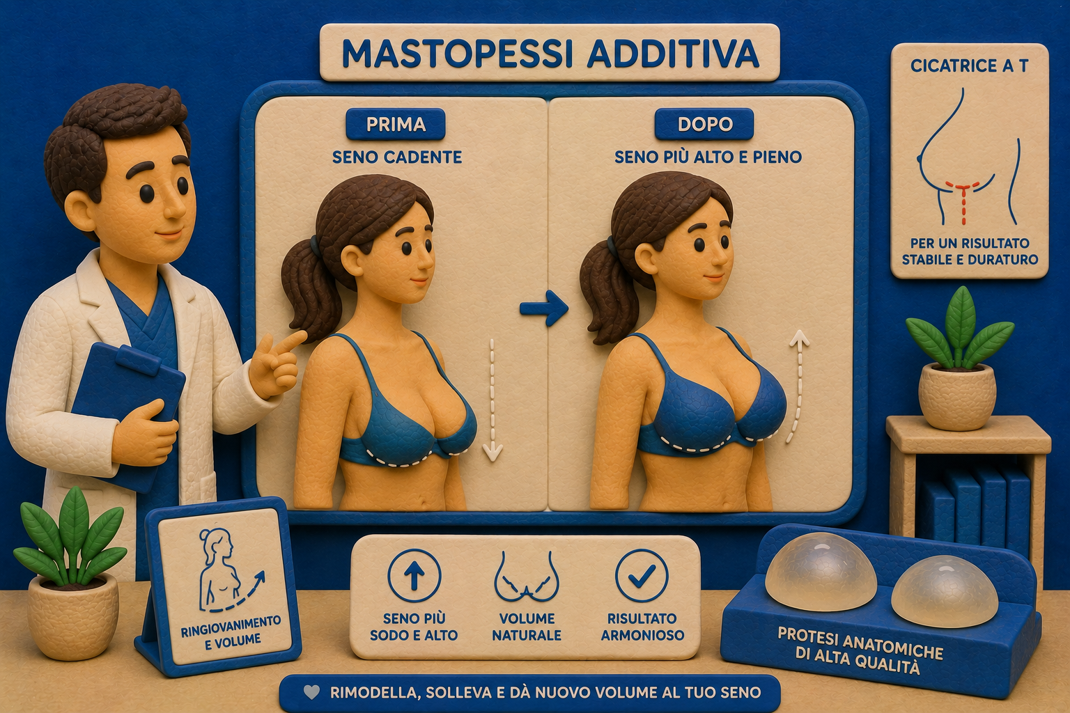 Illustrazione del prima e dopo di una mastopessi additiva, con schema della cicatrice a T e protesi anatomiche