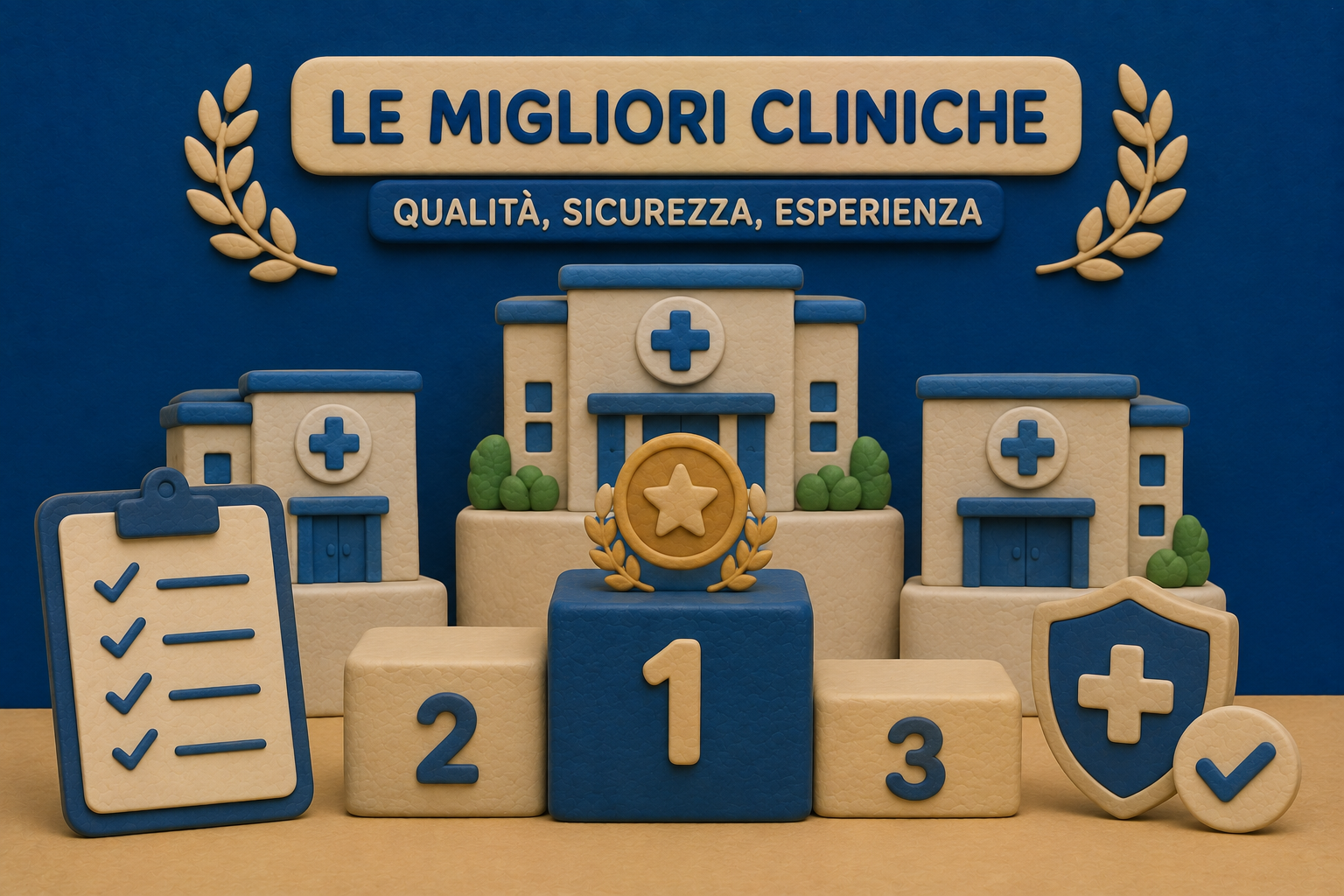 Illustrazione di un podio con le migliori cliniche selezionate, circondato da icone di valutazione e criteri di qualità