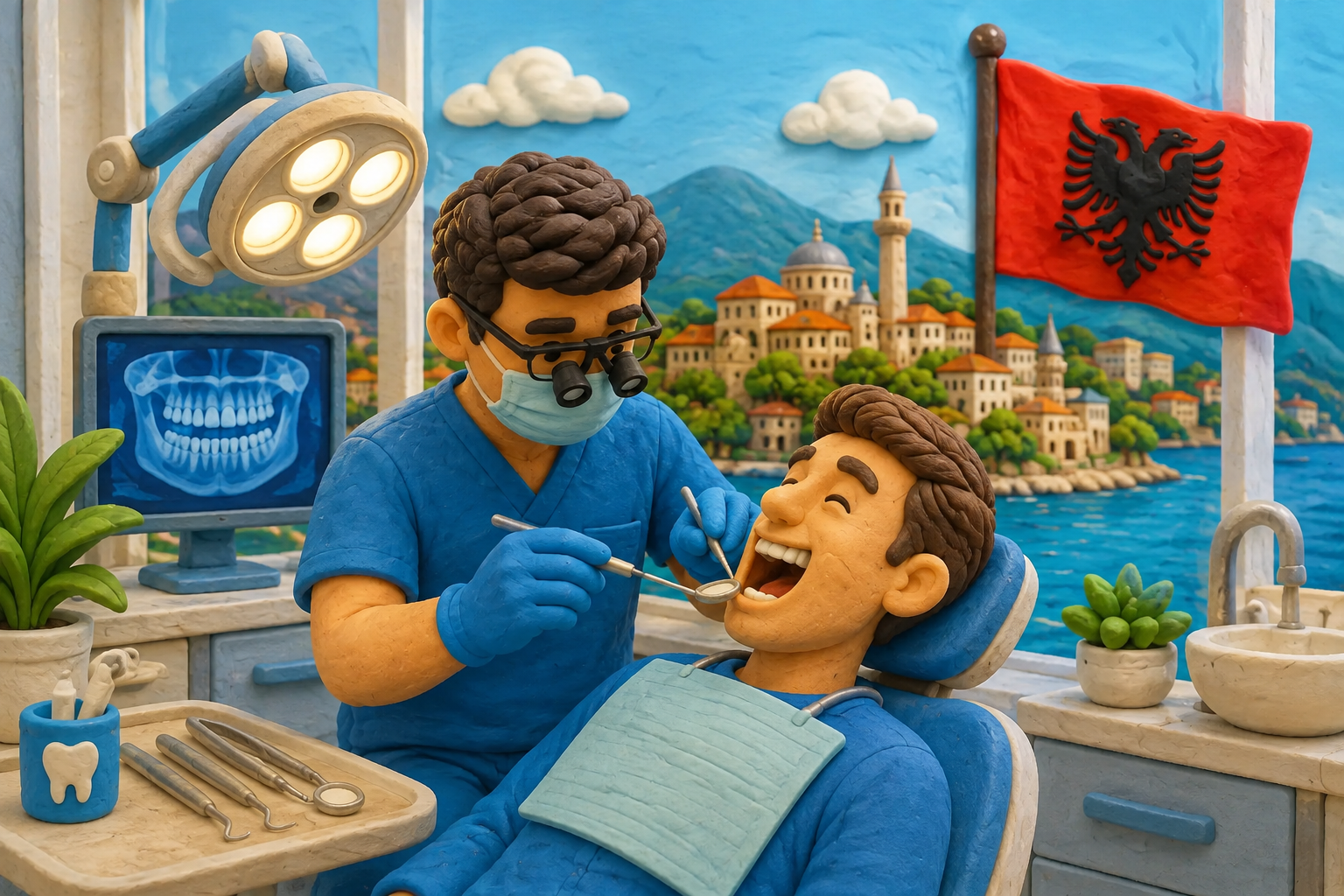 Illustrazione di uno studio dentistico in Albania, con il dentista al lavoro su un paziente e sullo sfondo la bandiera albanese e una città costiera