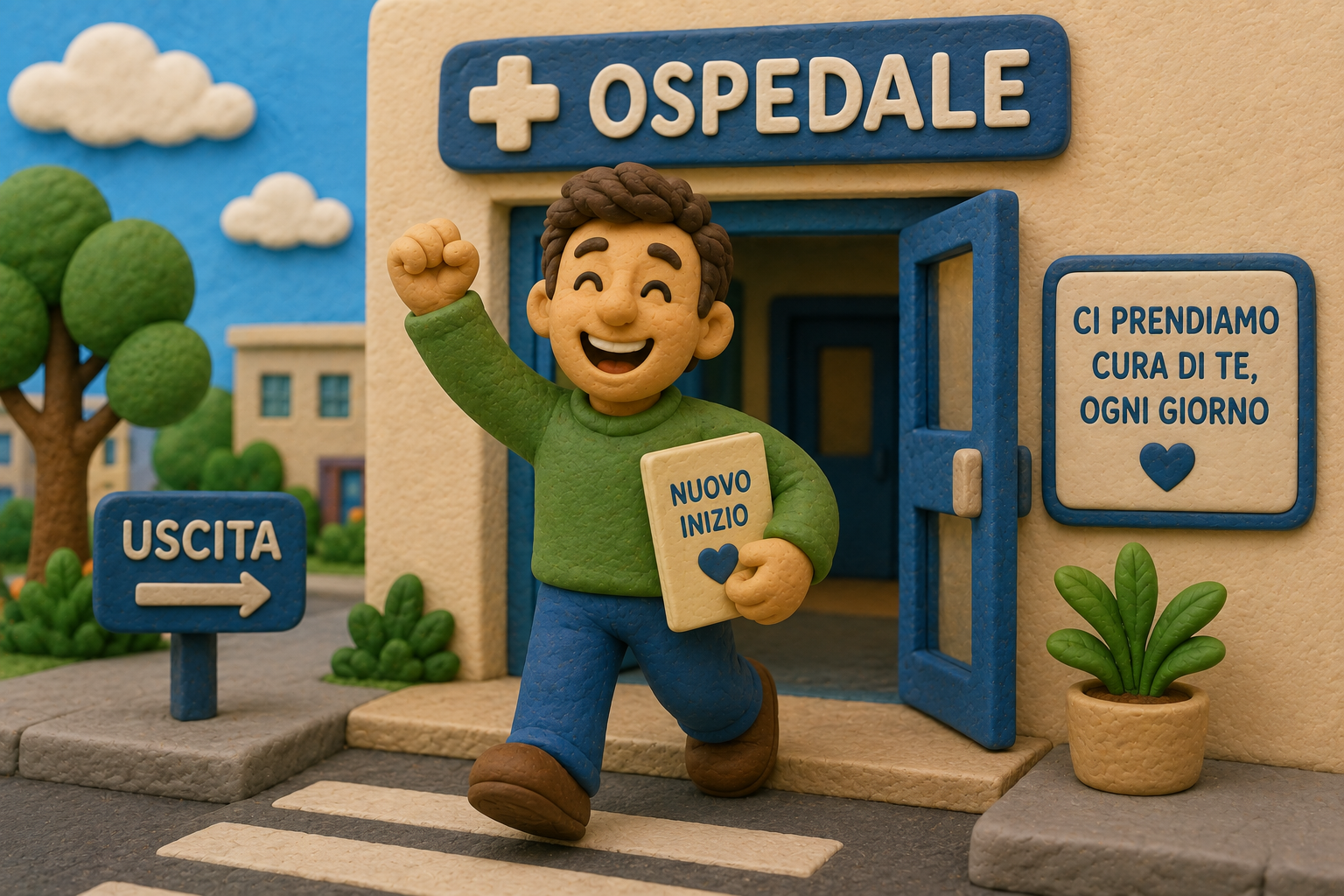 Illustrazione di un paziente che esce sorridente da una struttura sanitaria dopo il trattamento