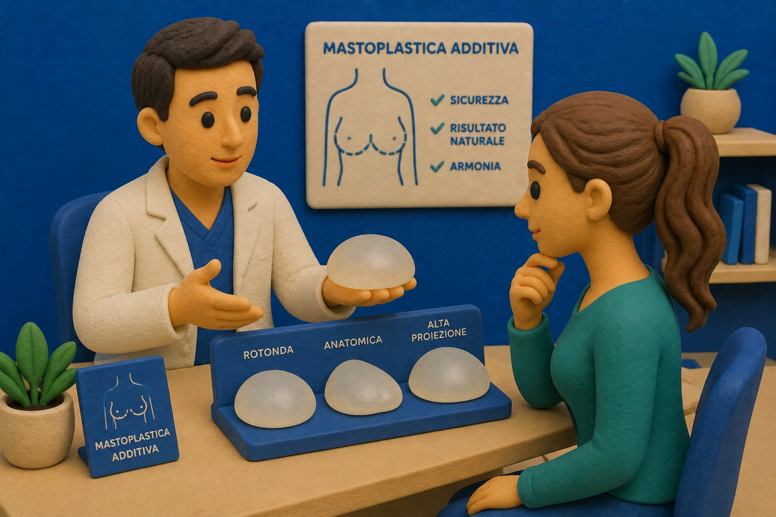 Chirurgo che mostra a una paziente diversi tipi di protesi mammarie: rotonda, anatomica e ad alta proiezione