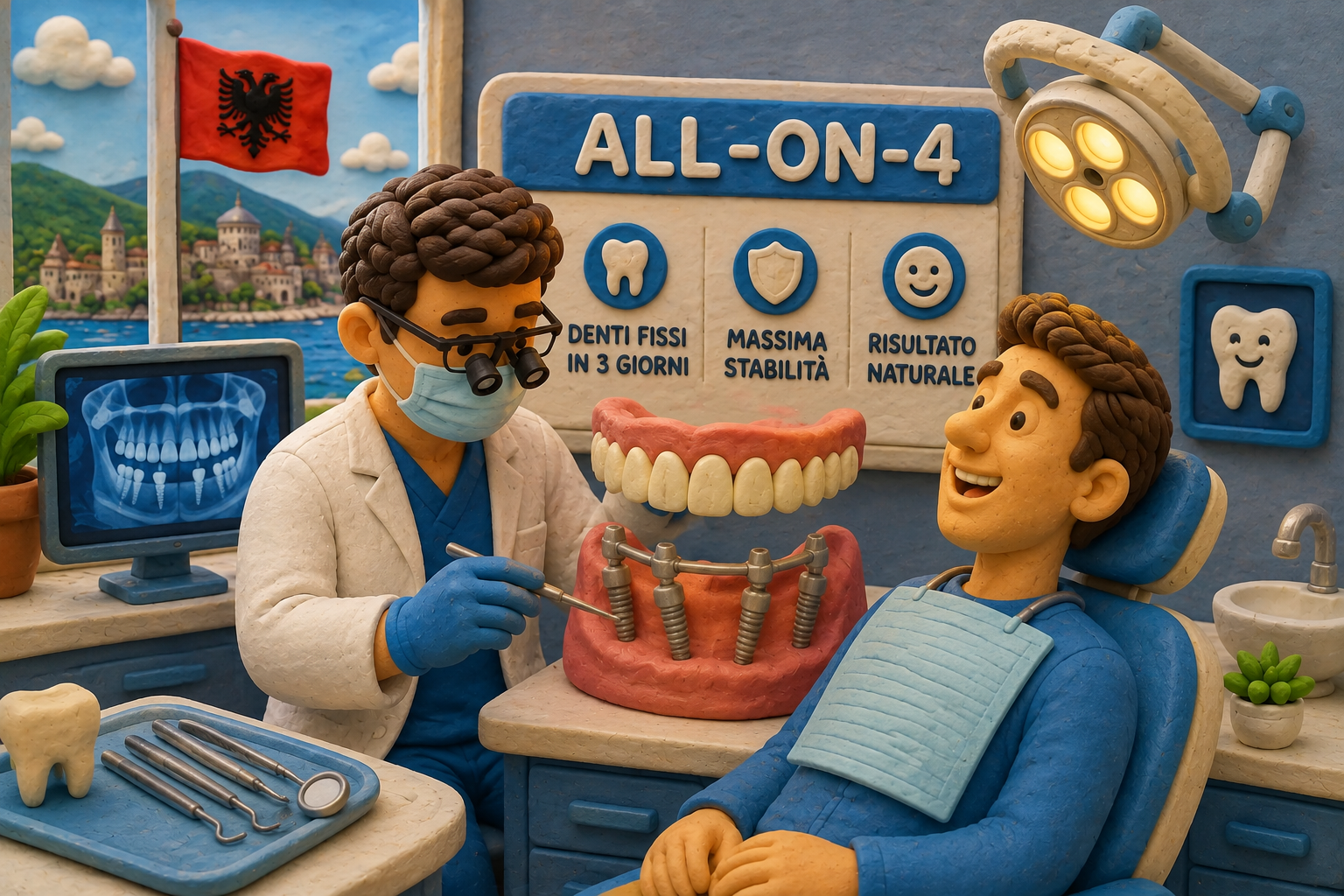 Dentista in una clinica in Albania che mostra a un paziente un modello di riabilitazione All-on-4, con la bandiera albanese sullo sfondo