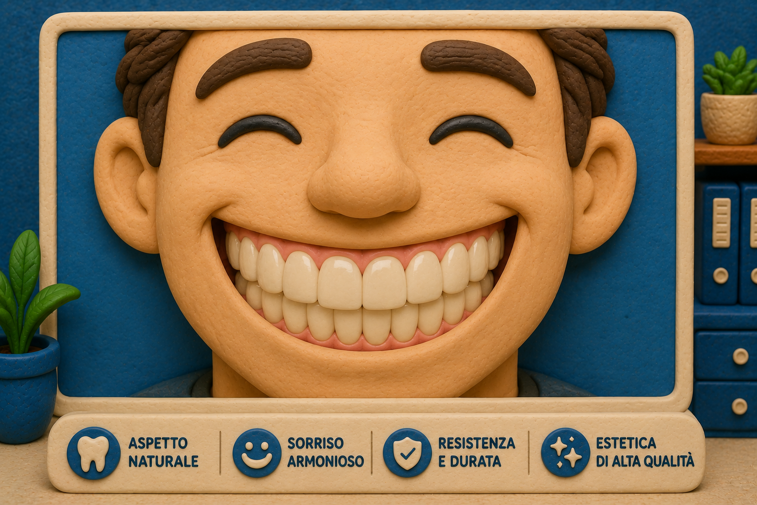 Sorriso con denti naturali e uniformi, a rappresentare il risultato estetico di corone dentali di buona qualità