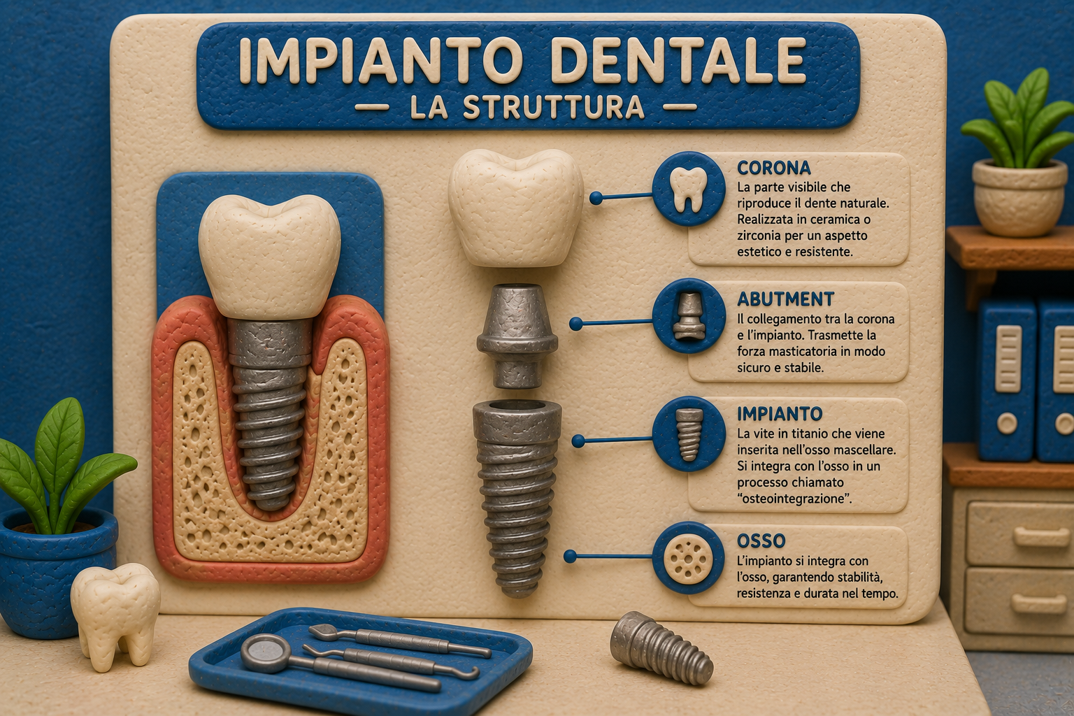 Schema della struttura di un impianto dentale: corona, abutment, impianto in titanio e osso