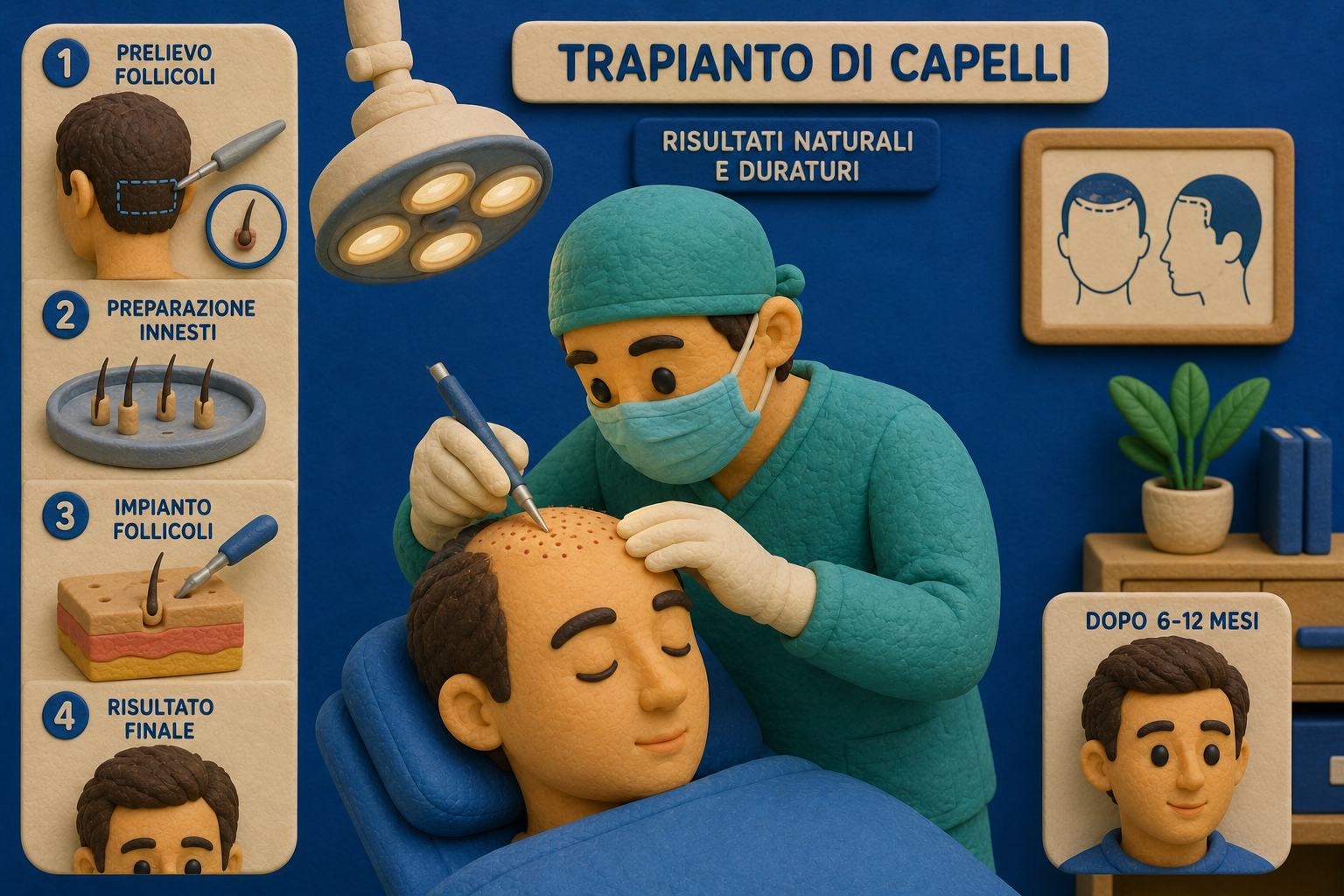Schema delle fasi di un trapianto di capelli: prelievo dei follicoli, preparazione degli innesti, impianto e risultato finale dopo 6-12 mesi